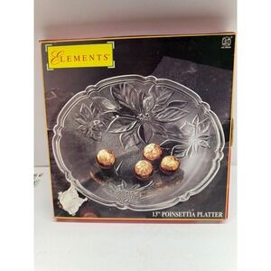 Elements 13 Poinsettia Platter Clear Glass Christmas Serving Plate Vintage 1995